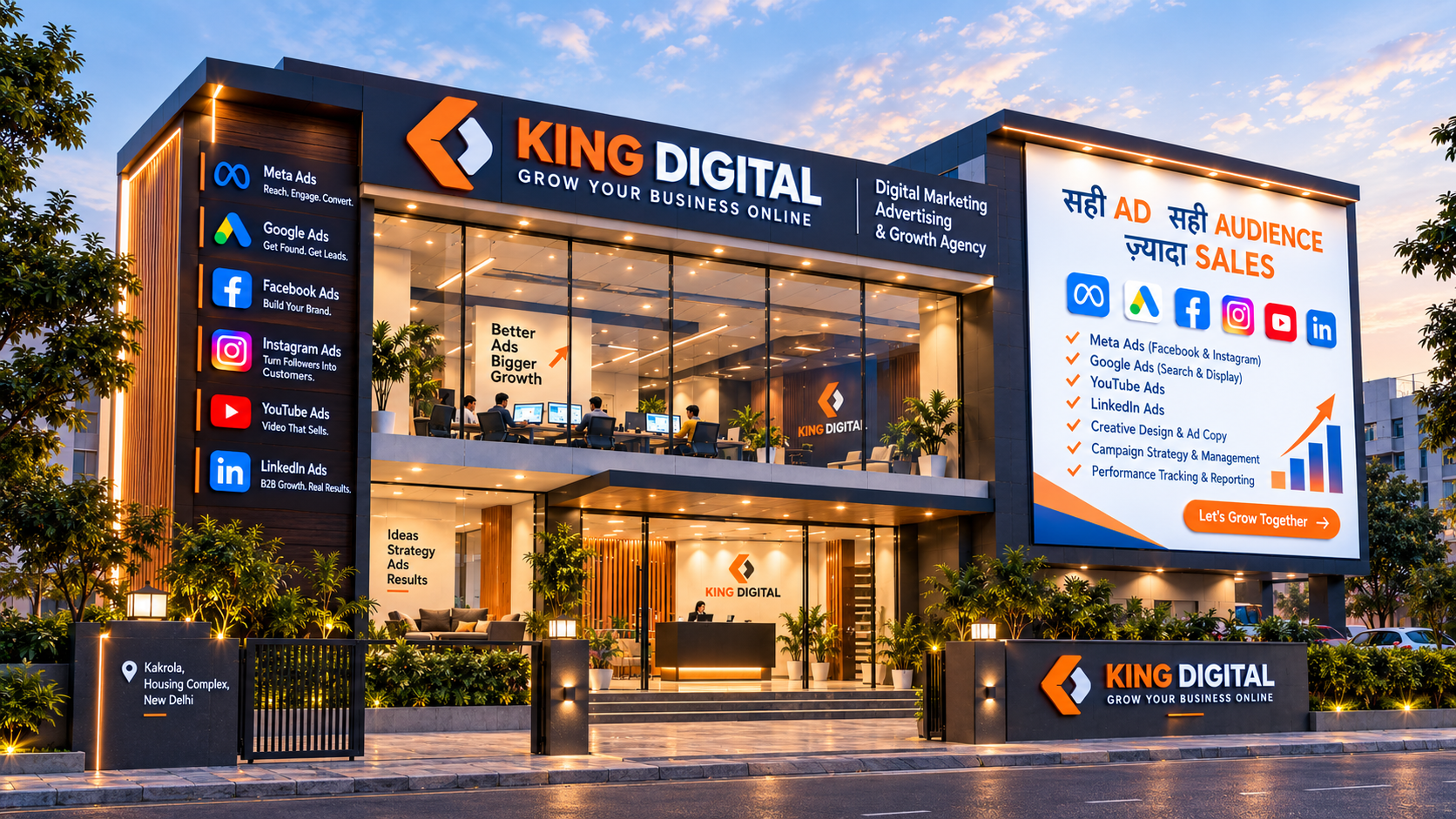 King Digital office with social media and advertising signage